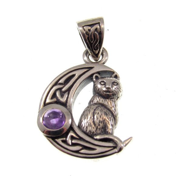 Solid 925 Sterling Silver Celtic Crescent Moon Cat Pendant Amethyst or Moonstone - Picture 5 of 11